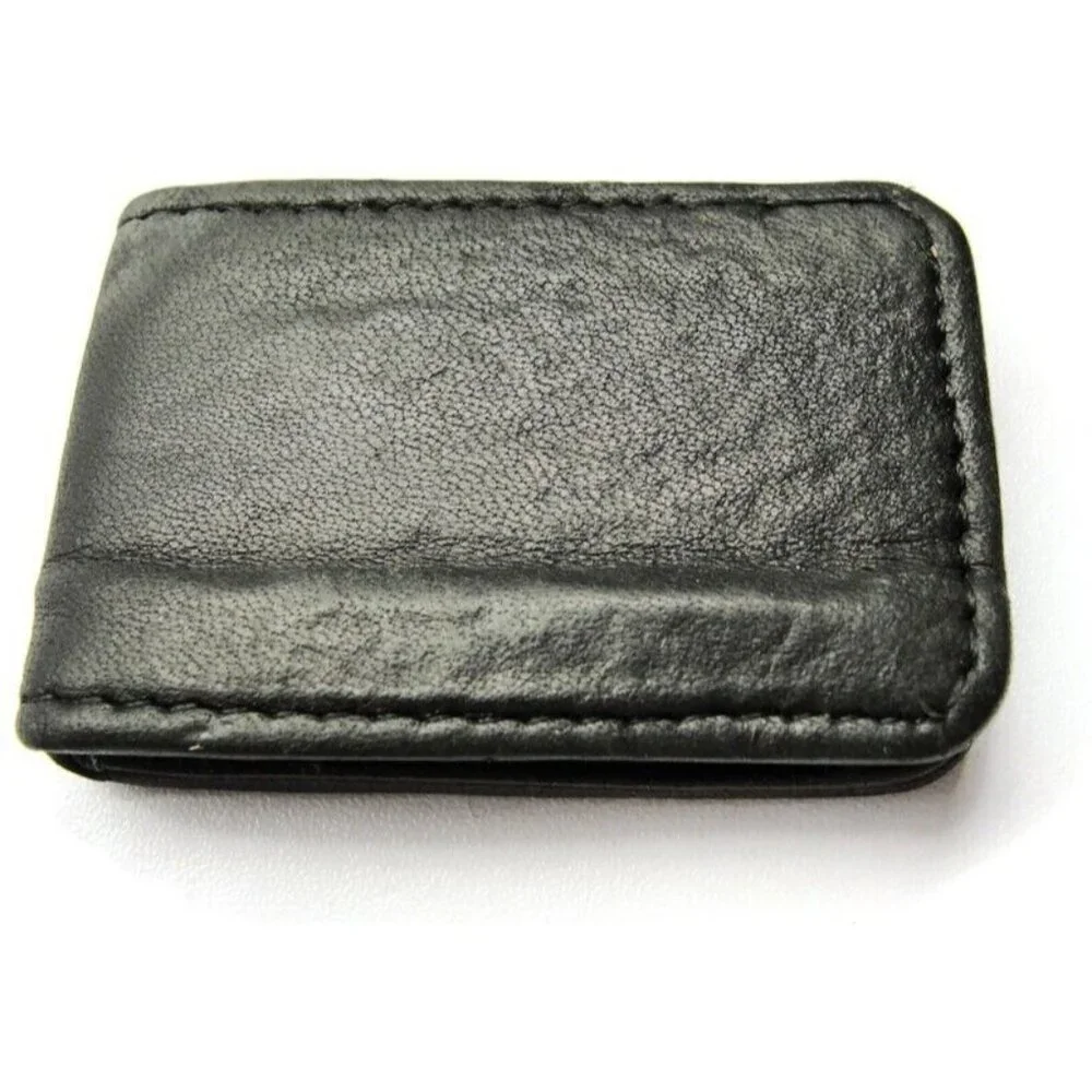 Black Leather Magnetic Money Clip Wallet Credit Card Cash ID Holder